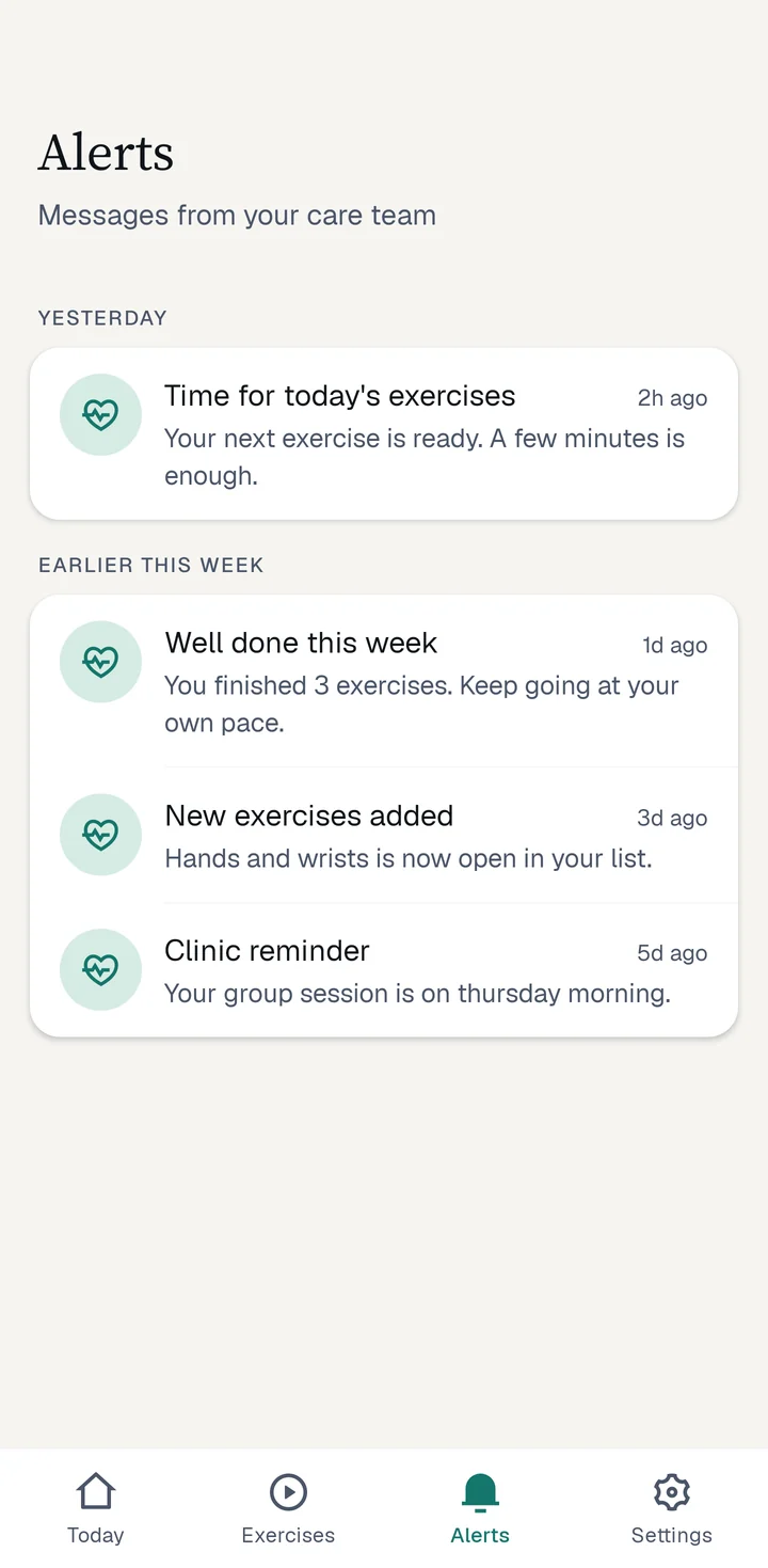 The Alerts tab with messages from the care team, such as 'Time for today's exercises' and 'Well done this week'.