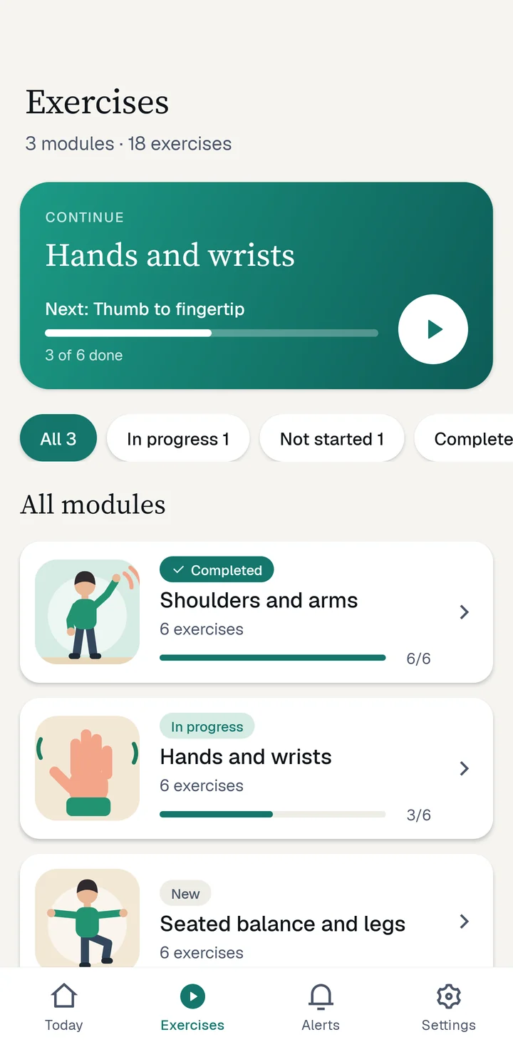 The Exercises tab: a Continue card for Hands and wrists and a list of modules with progress.