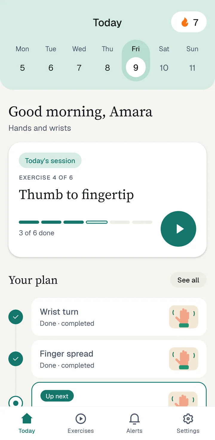 The mstroke Today screen: a week calendar with a 7-day streak, today's session 'Thumb to fingertip', exercise 4 of 6, and the plan below.