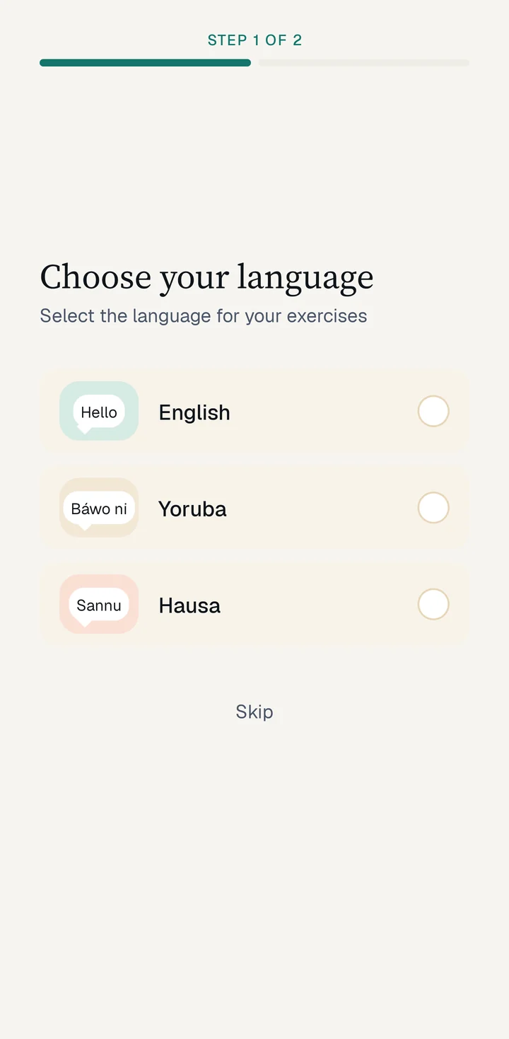 The mstroke language screen offering English, Yoruba and Hausa with greetings Hello, Báwo ni and Sannu.