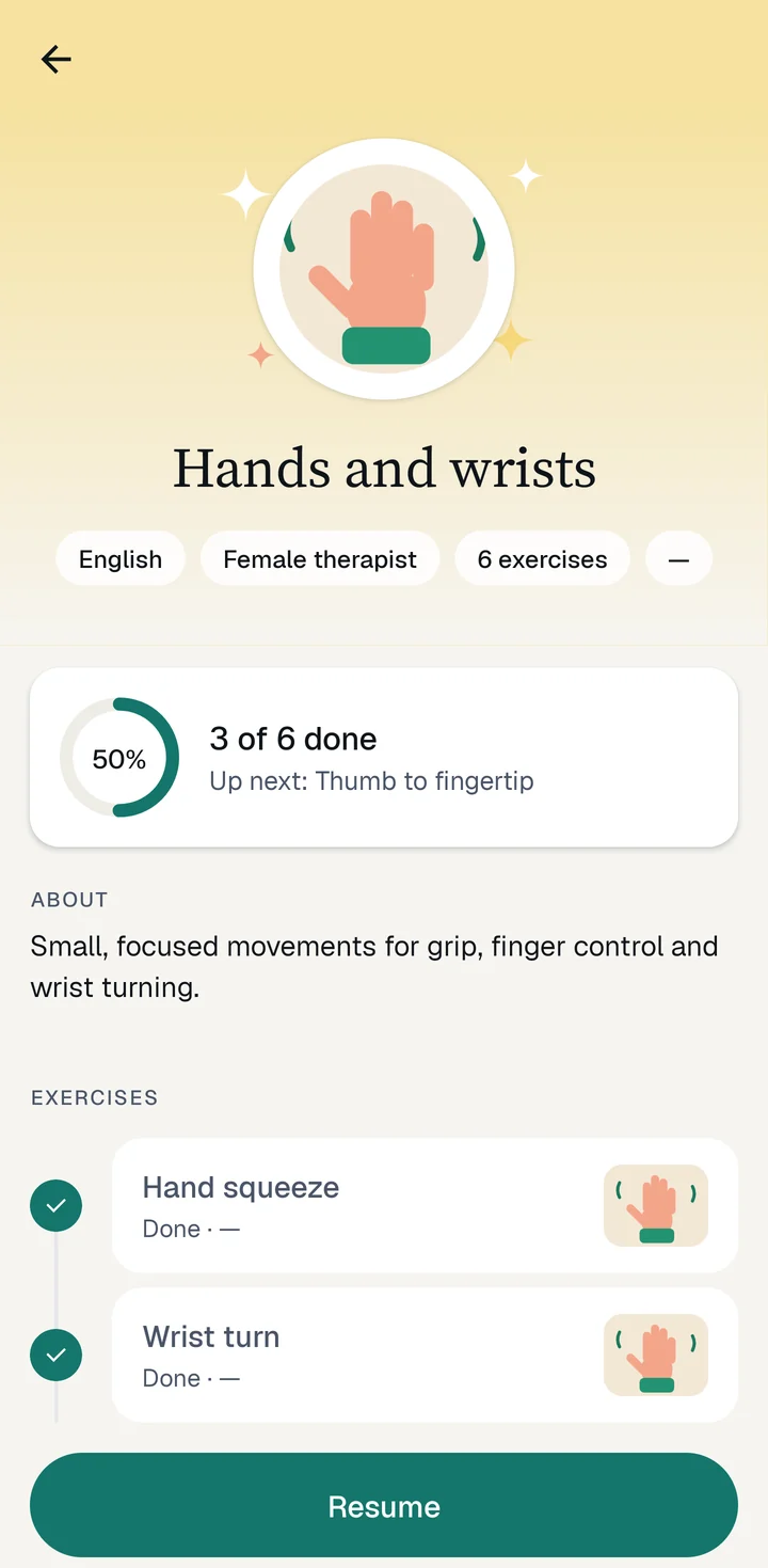 The Hands and wrists module: 3 of 6 done, 50 percent, up next Thumb to fingertip, with the finished exercises ticked.