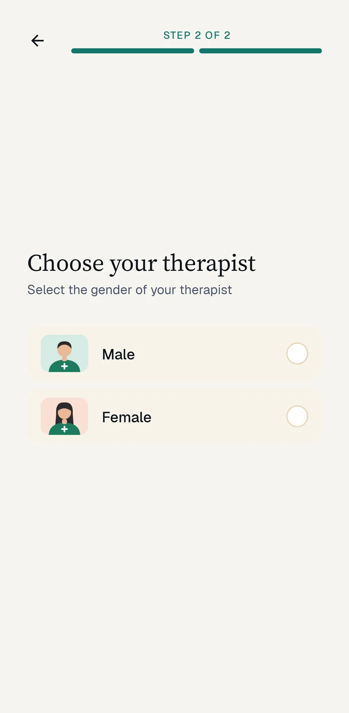 The mstroke screen for choosing a male or female therapist.